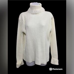Vintage Y2K Ribbed Turtleneck Sweater Women Sz‎ M Ivory Fringe Chunky Acrylic